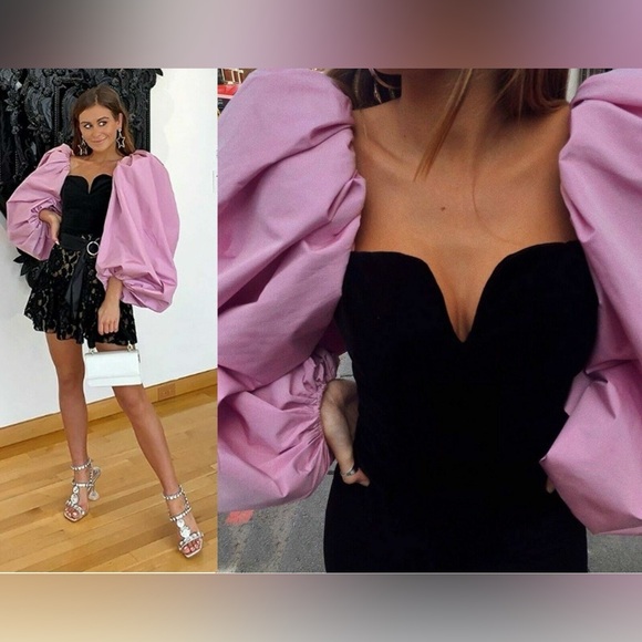 ZARA PUFF SLEEVES PINK VELVET BLACK BLOUSES LIMITED EDITION BLOGGER FAV - Picture 9 of 16